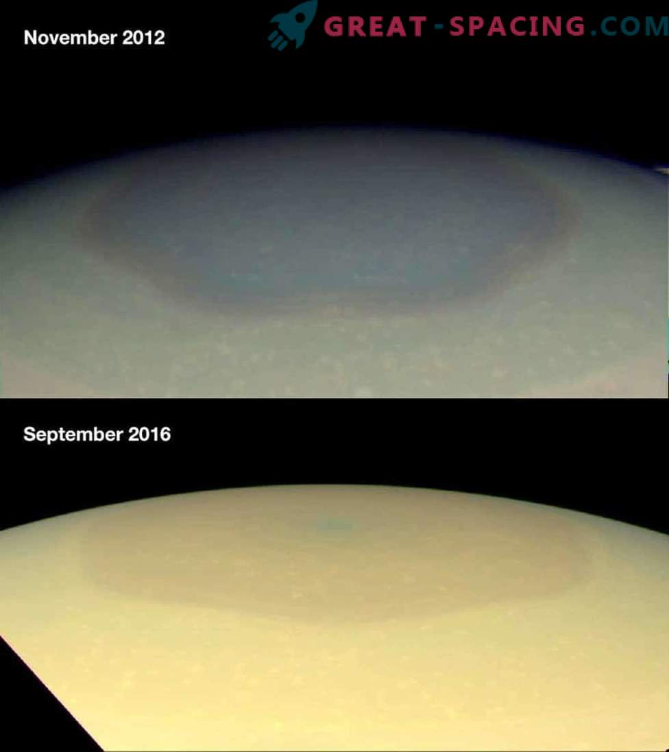 Cassini toont veranderingen in de enorme polaire draaikolken van Saturnus.