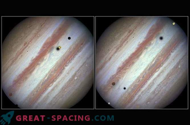 Hubble maakte een geweldig beeld van de doorvoer van drie satellieten van Jupiter