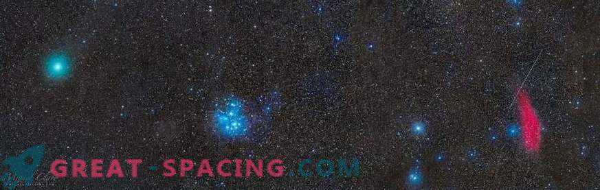 Komeet, meteoor, nevel en Pleiaden in één epische foto