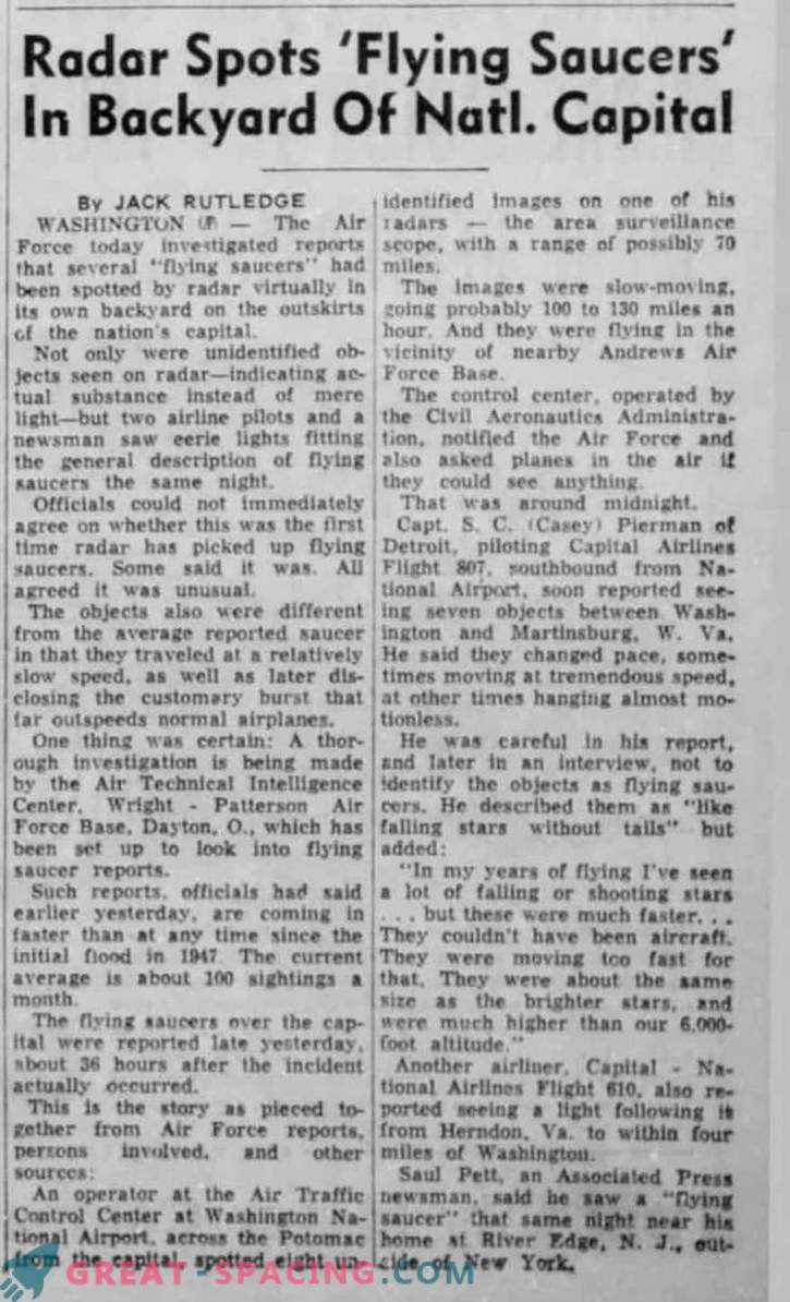 Welke niet-geïdentificeerde objecten werden in 1952 in Washington